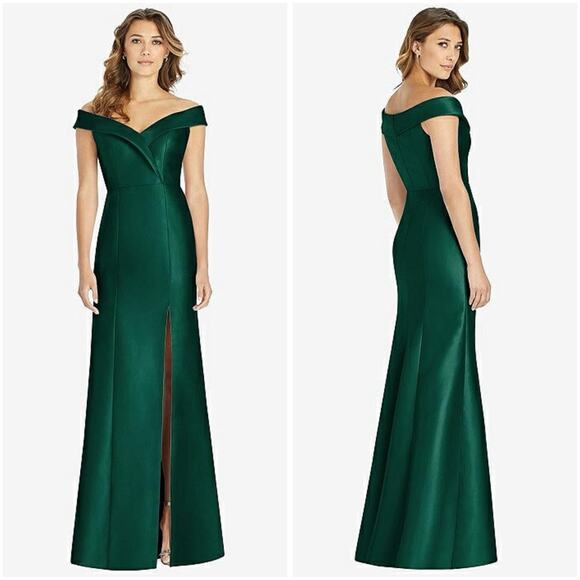 Alfred Sung D760 Hunter Green Off-Shoulder Trumpet Gown w/ Front Slit 8R - Picture 1 of 16